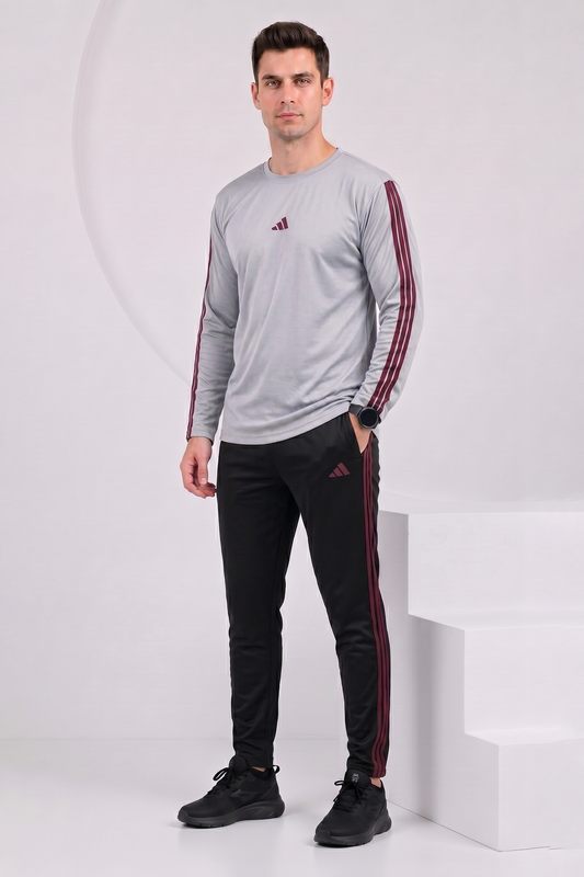 Adi Gray and Black with Mahroon stripes Full Sleeves Ultra Soft Dri-Fit Tracksuit....
