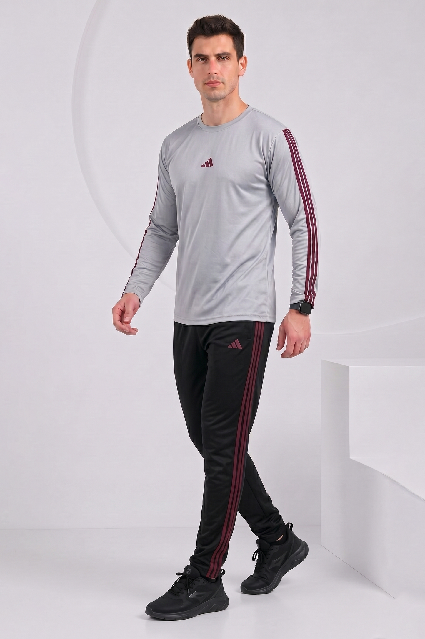 Adi Gray and Black with Mahroon stripes Full Sleeves Ultra Soft Dri-Fit Tracksuit....
