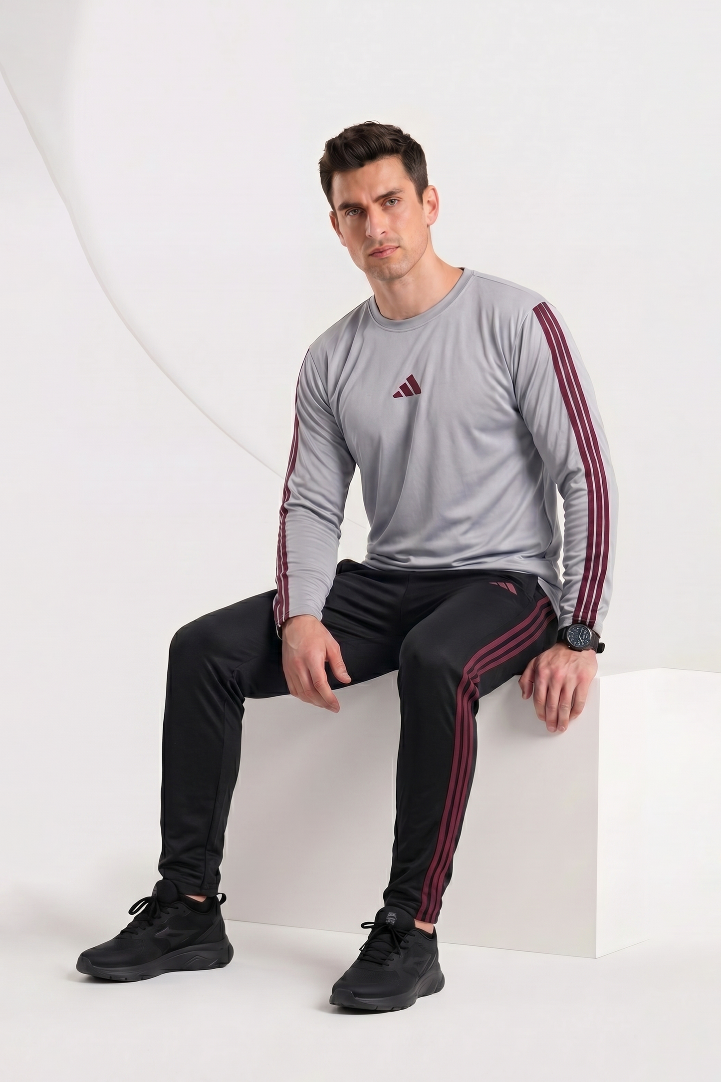 Adi Gray and Black with Mahroon stripes Full Sleeves Ultra Soft Dri-Fit Tracksuit....