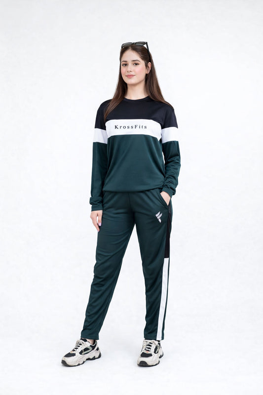 KF Black White & Green Full Sleeves Dri-Fit Tracksuit - L