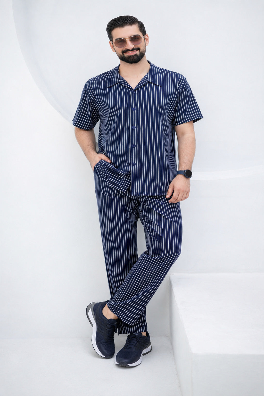 Baigino Navy Blue Streak Button Down Co-ord Set