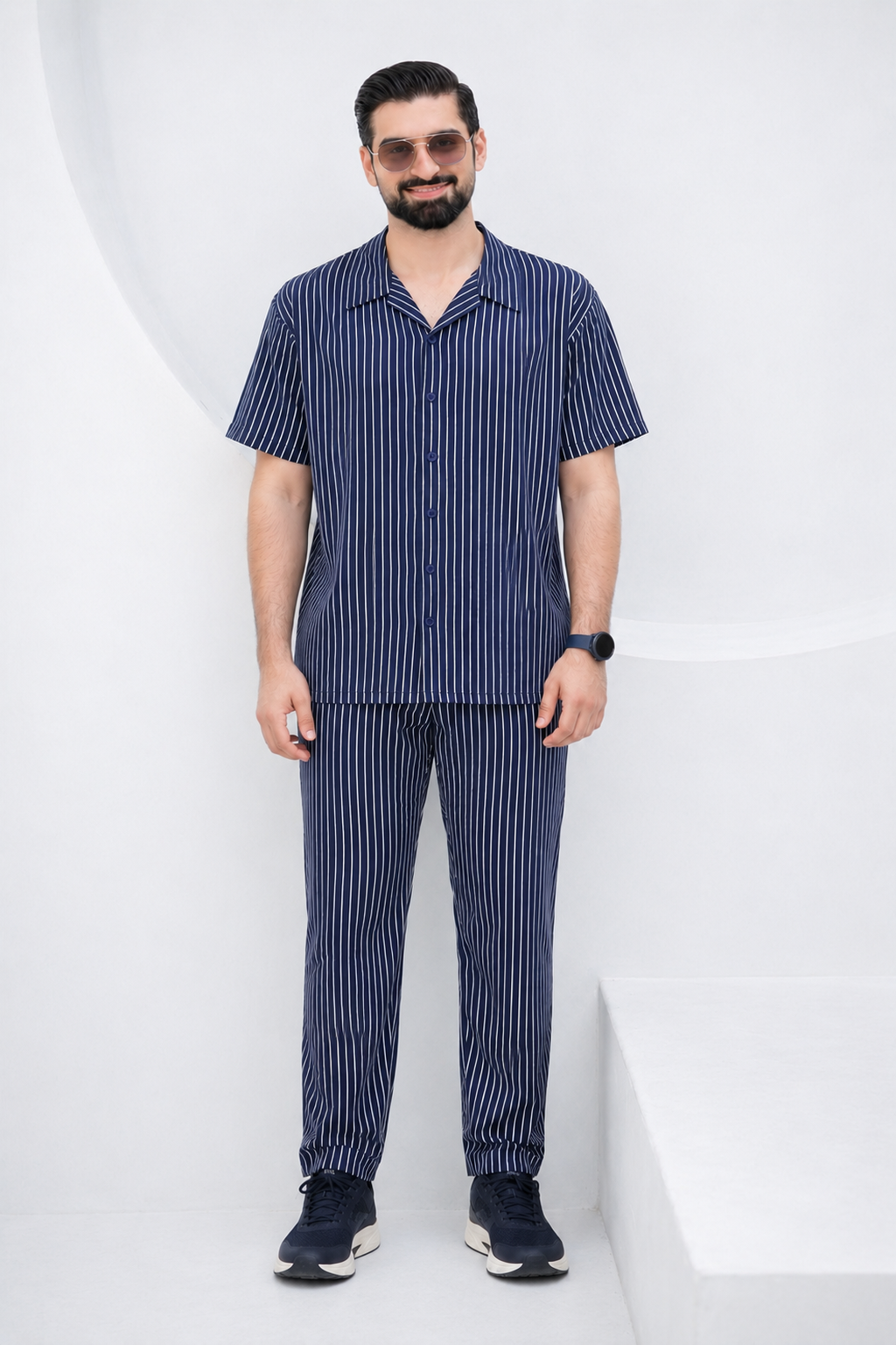 Baigino Navy Blue Streak Button Down Co-ord Set