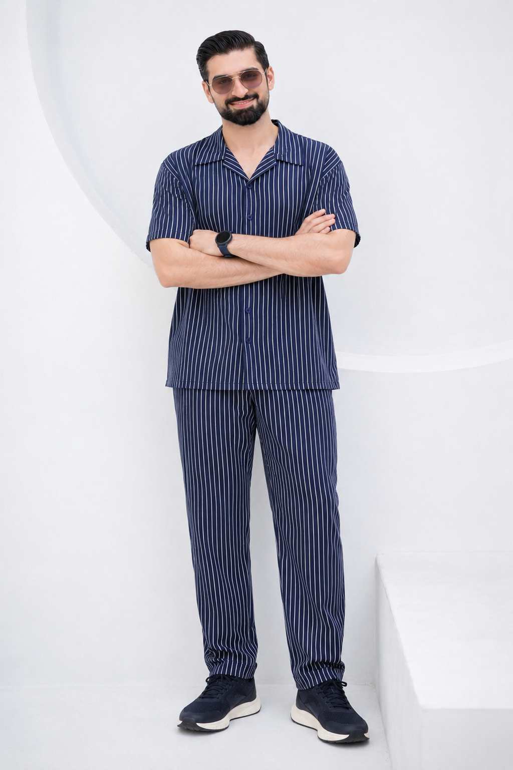 Baigino Navy Blue Streak Button Down Co-ord Set