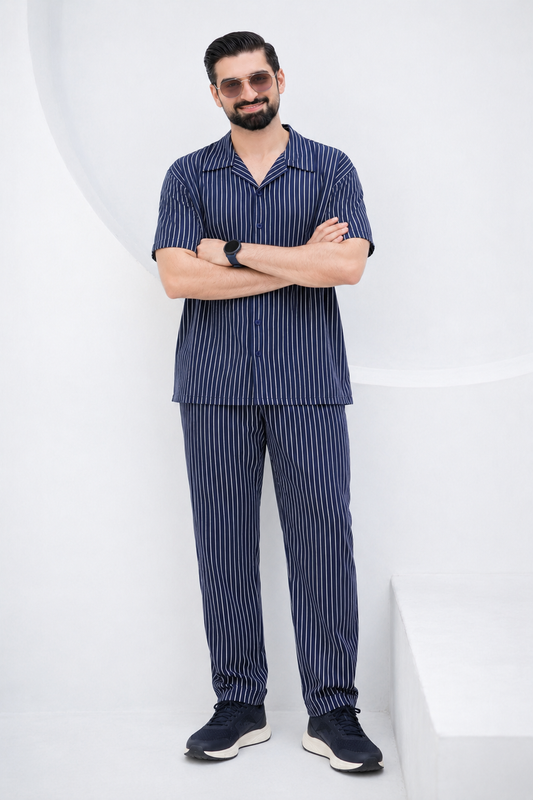 Baigino Navy Blue Streak Button Down Co-ord Set
