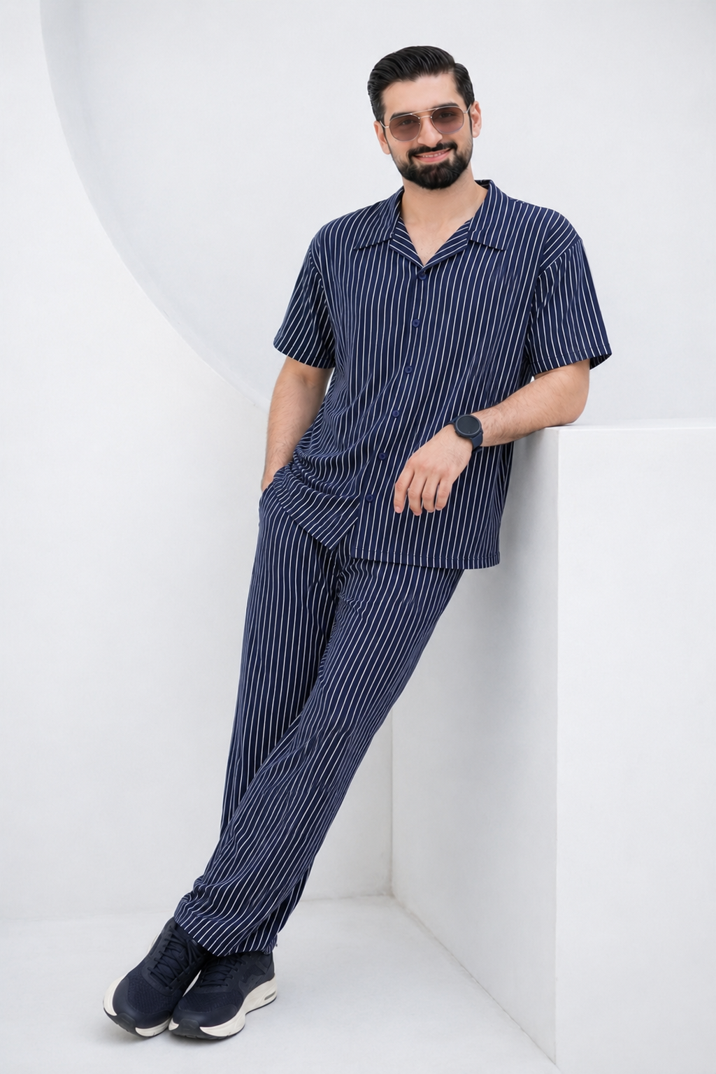 Baigino Navy Blue Streak Button Down Co-ord Set