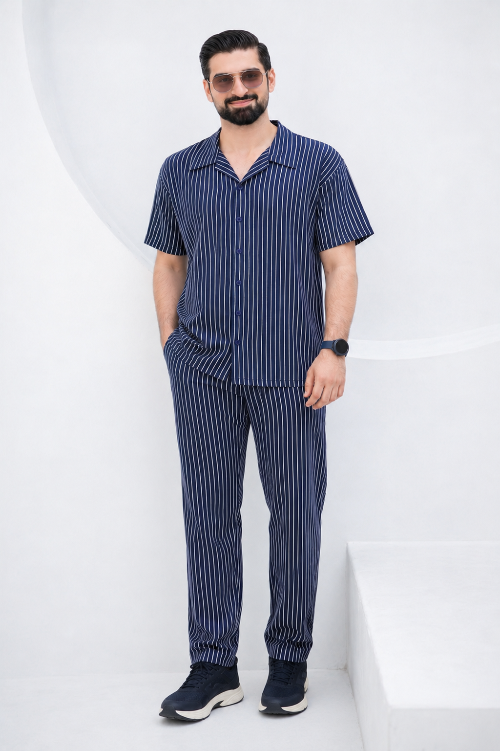 Baigino Navy Blue Streak Button Down Co-ord Set