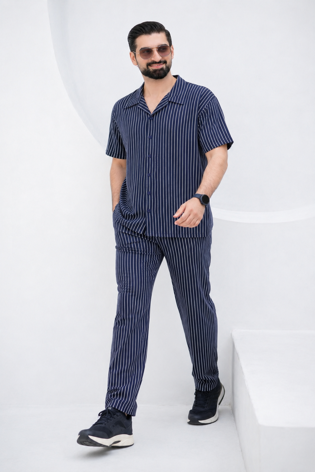 Baigino Navy Blue Streak Button Down Co-ord Set