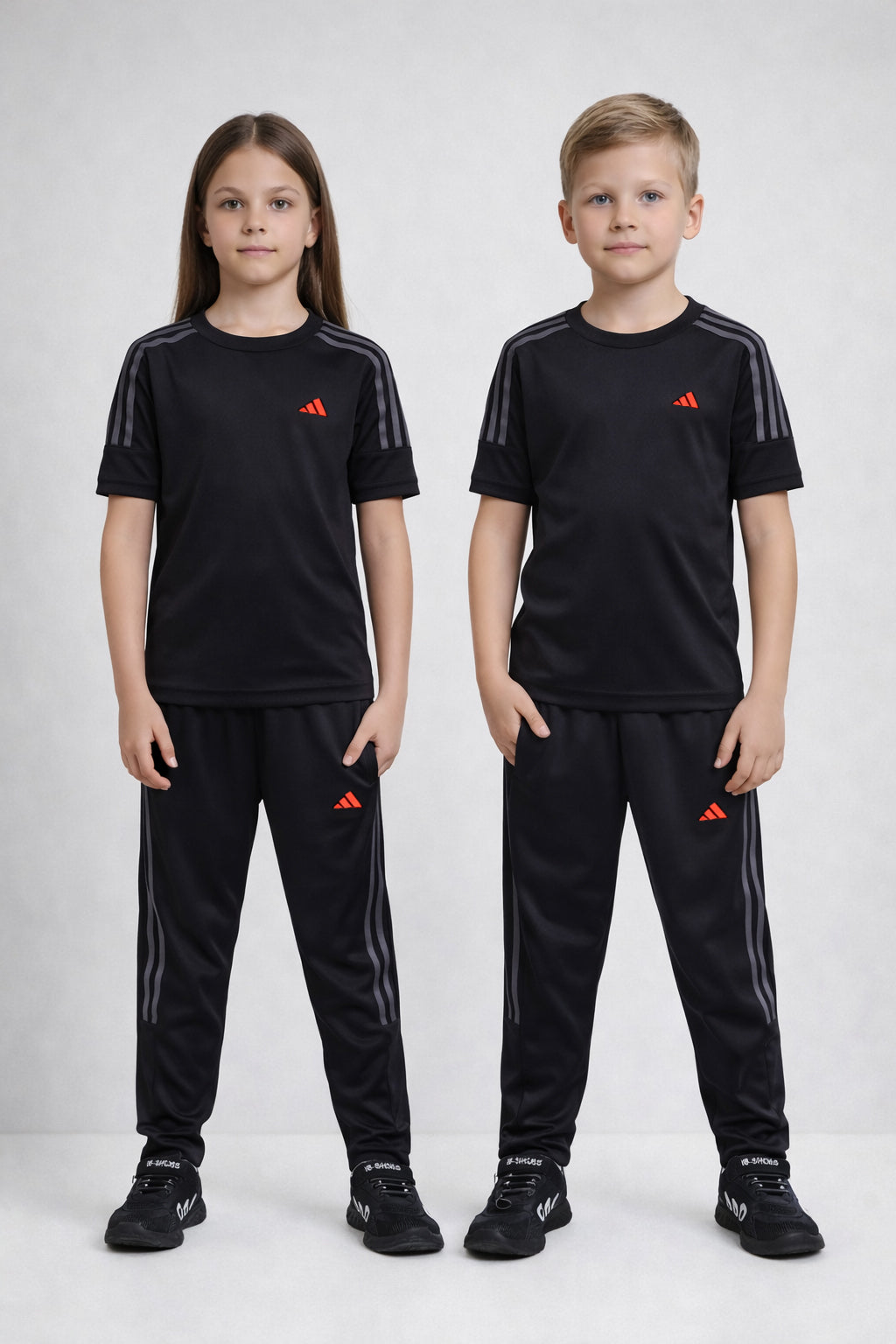 ADI Black with Grey Stripes Kids Dri-Fit Tracksuit