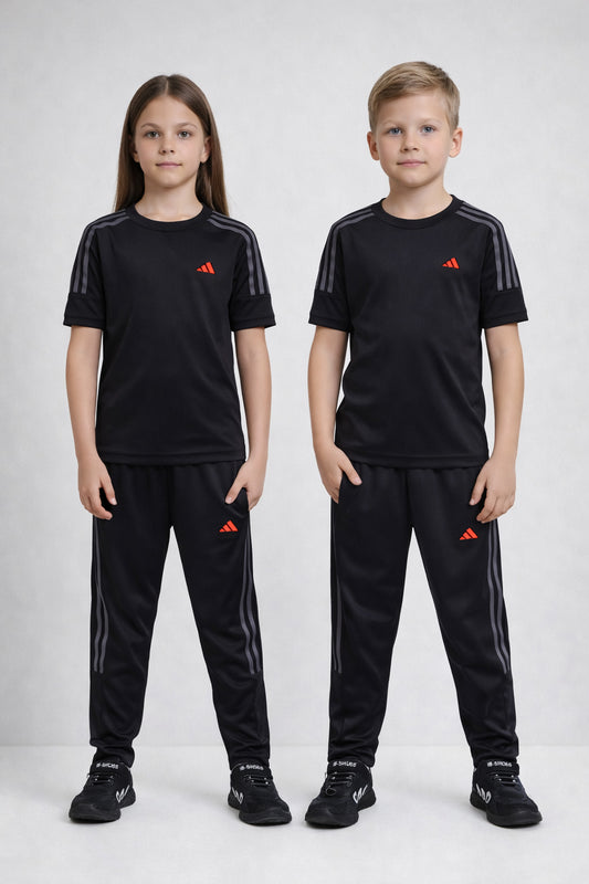 ADI Black with Grey Stripes Kids Dri-Fit Tracksuit